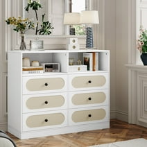 Homfa 6 Drawer Rattan Dresser with Shelves, Modern Wicker Chest Storage Cabinet for Bedroom Living Room, White