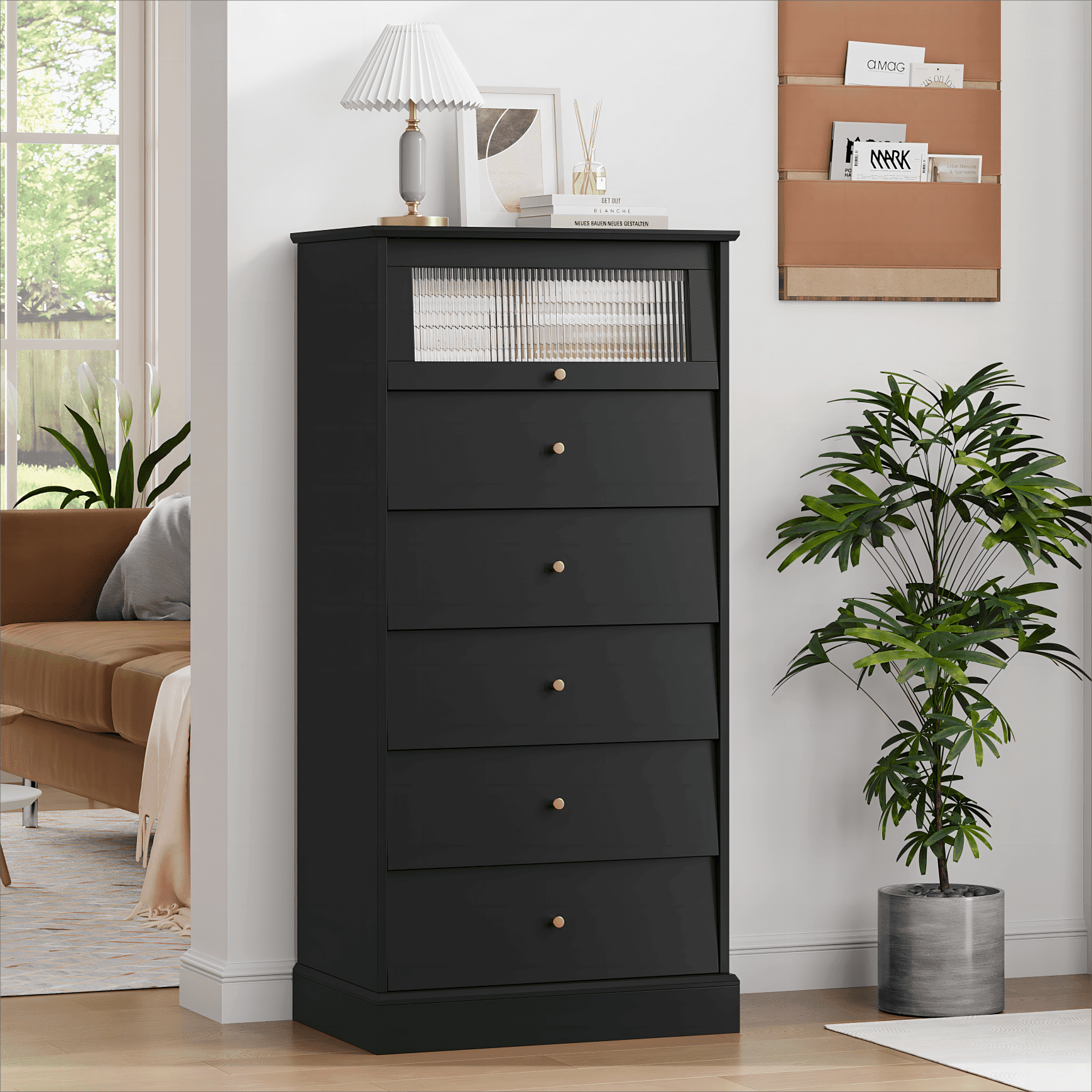 Homfa 6 Drawer Tall Black Bedroom Dresser with Shelf, Glass Door Modern ...