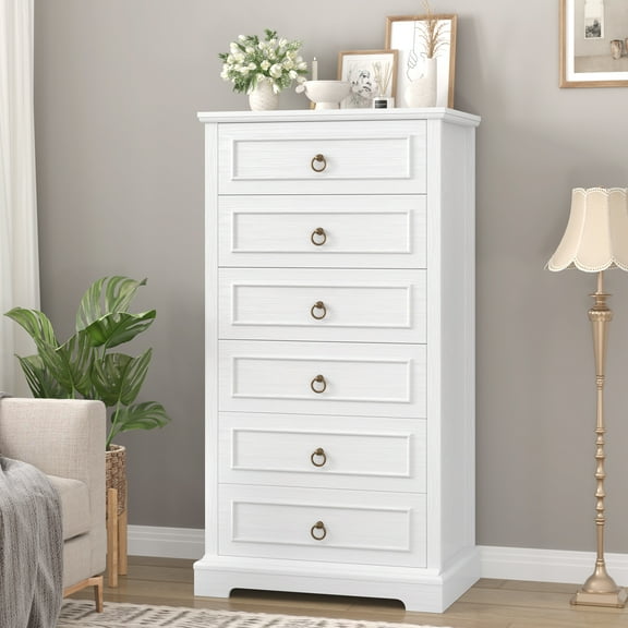 Homfa 6 Drawer Tall Dresser, 52"H Chest of Drawers, Wooden Storage Cabinet for Bedroom, White