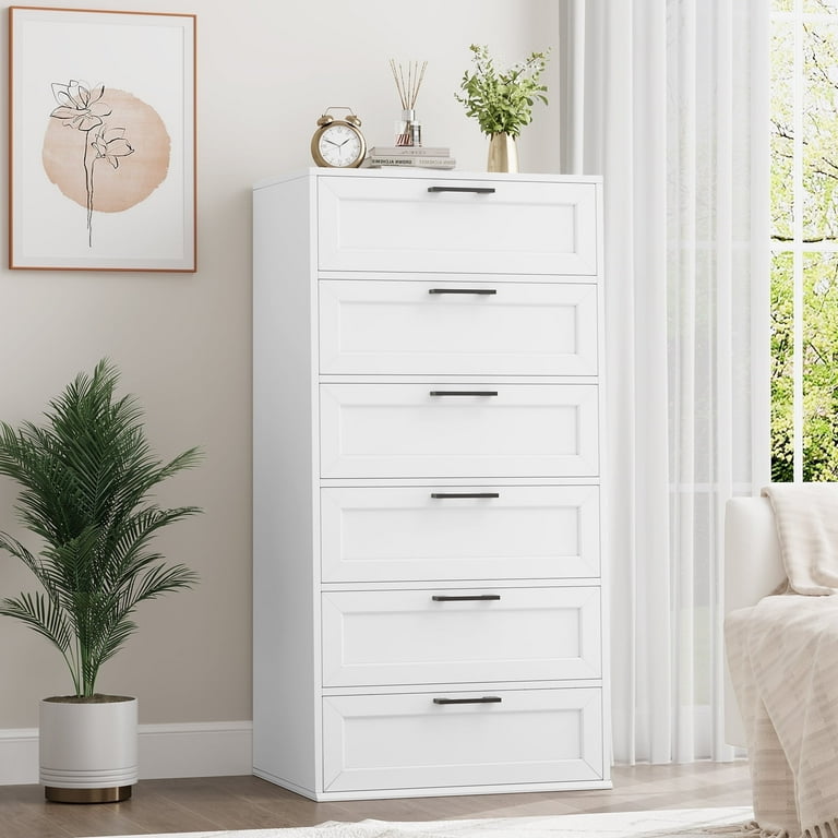 Homfa 6 Drawer Tall Dresser Chest of Drawer Nightstand Storage Cabinet with Metal Handles for Bedroom Living Room White