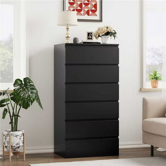 Homfa 6 Drawer Tall Dresser, Modern Storage Cabinet Wood Bedroom Chest for Living Room, Black