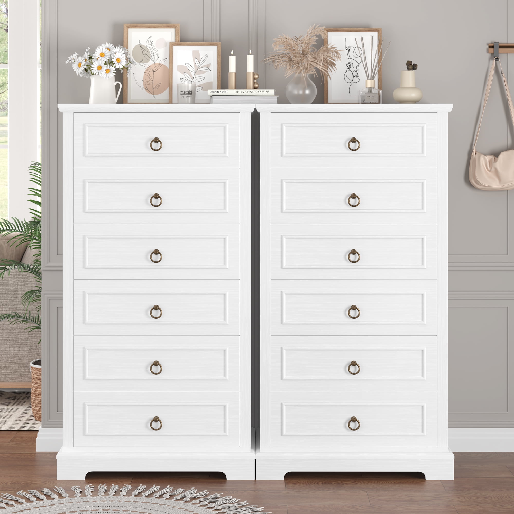 Homfa 6 Drawer Tall Dresser Set of 2, 52"H Chest of Drawers, Wooden ...