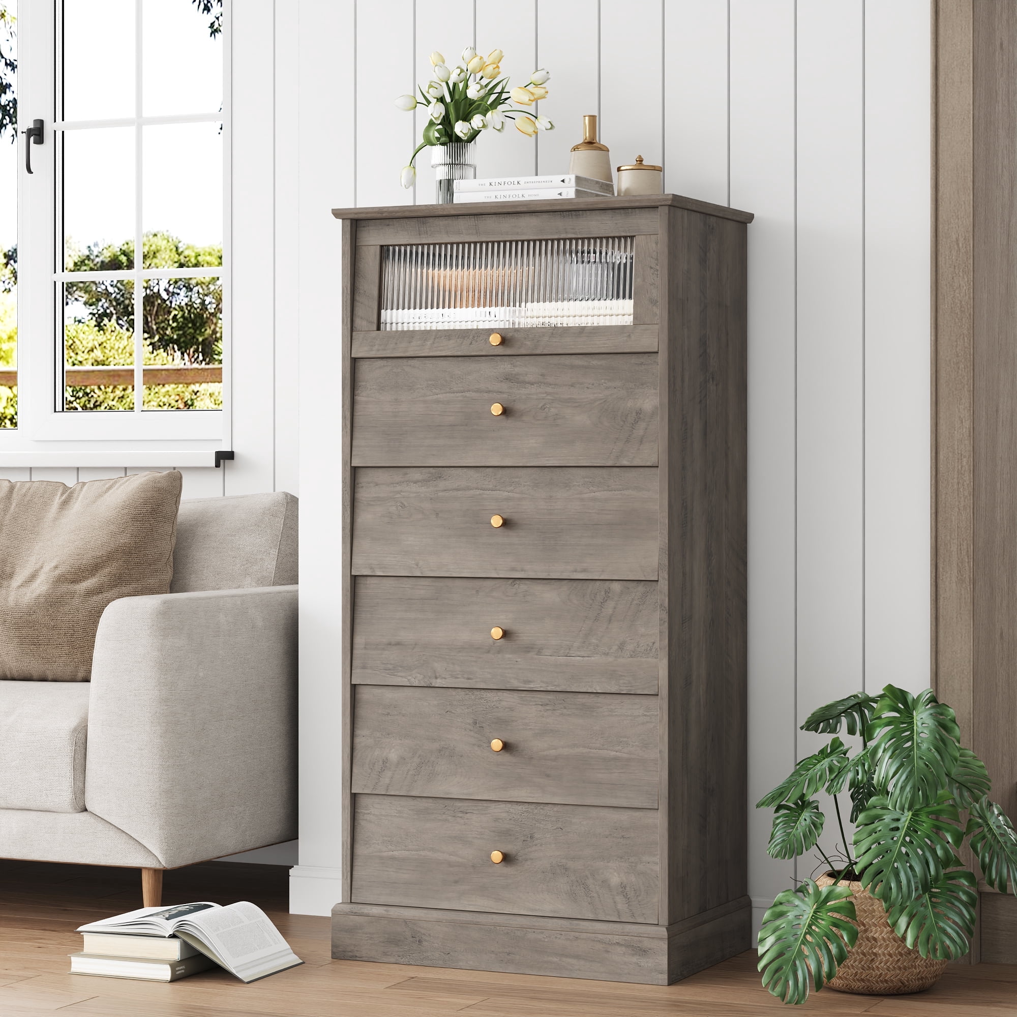 Homfa 6 Drawer Tall Gray Bedroom Dresser with Shelf, Glass Door Modern ...