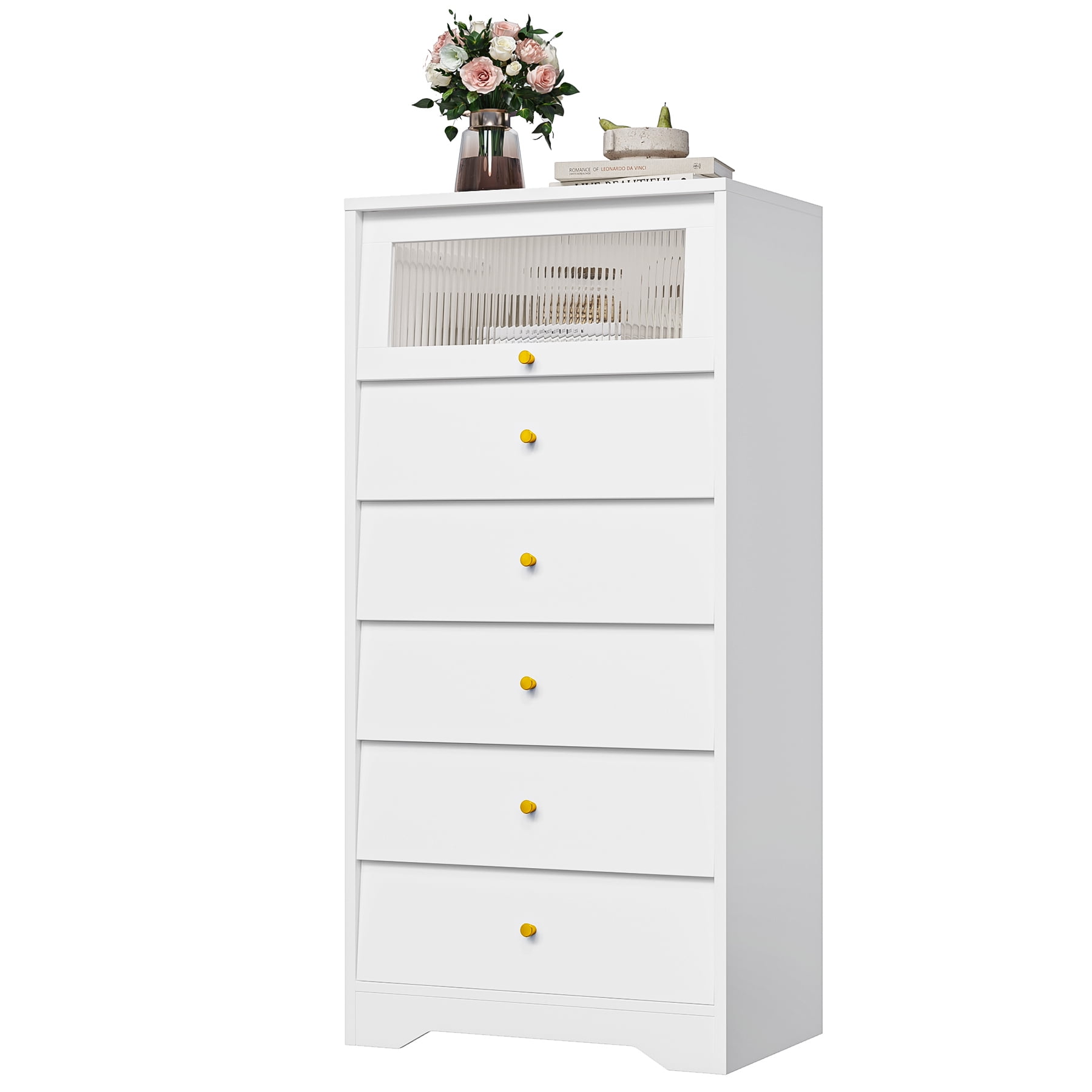 Homfa 6 Drawer Tall White Bedroom Dresser, Glass Door Modern Wood