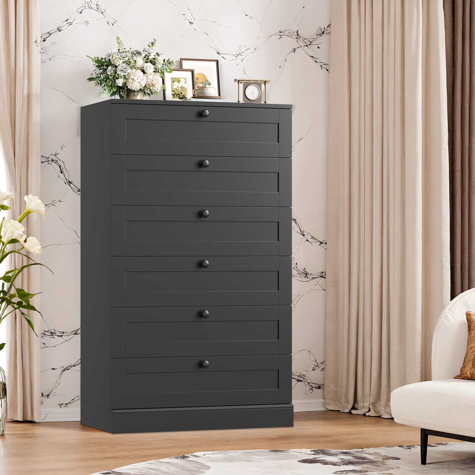 Homfa Black Dresser for Bedroom with 6 Drawers, Modern Wood Dresser Chest of Drawers for Living Room, Entryway, Hallway
