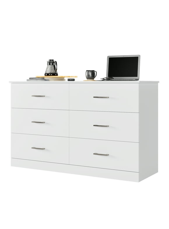 Homfa 6 Drawer White Double Dresser, Modern Wood Chest of Drawers with Metal Handles for Bedroom