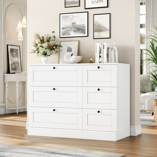 6 Drawer Dresser Modern Dresser Double Dresser 6 Drawer Chest with Deep Drawers Storage Organizer Drawer Cabinet White