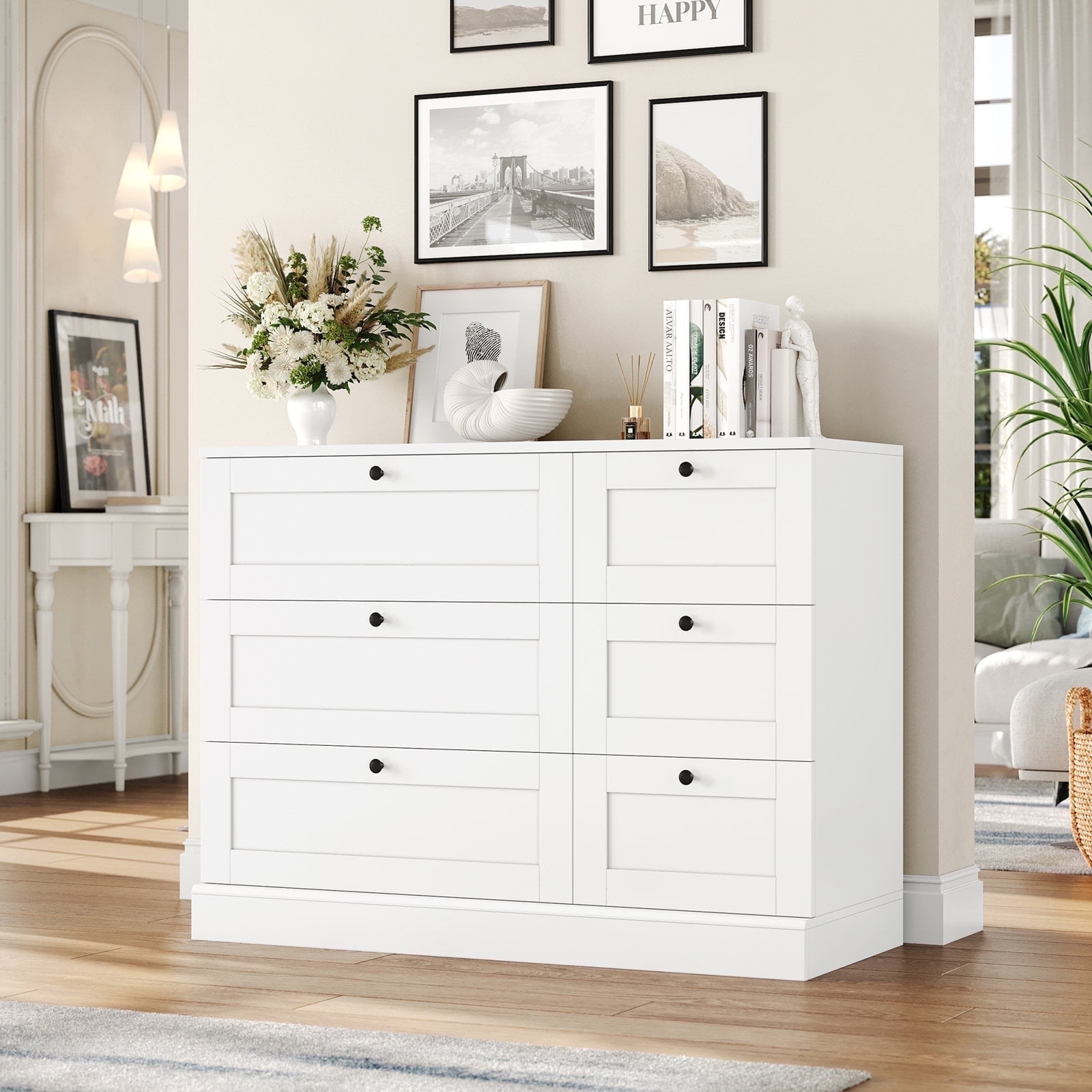 超美品 White Dresser, Double 6-Drawer Homfa Wood Cabinet Storage その他