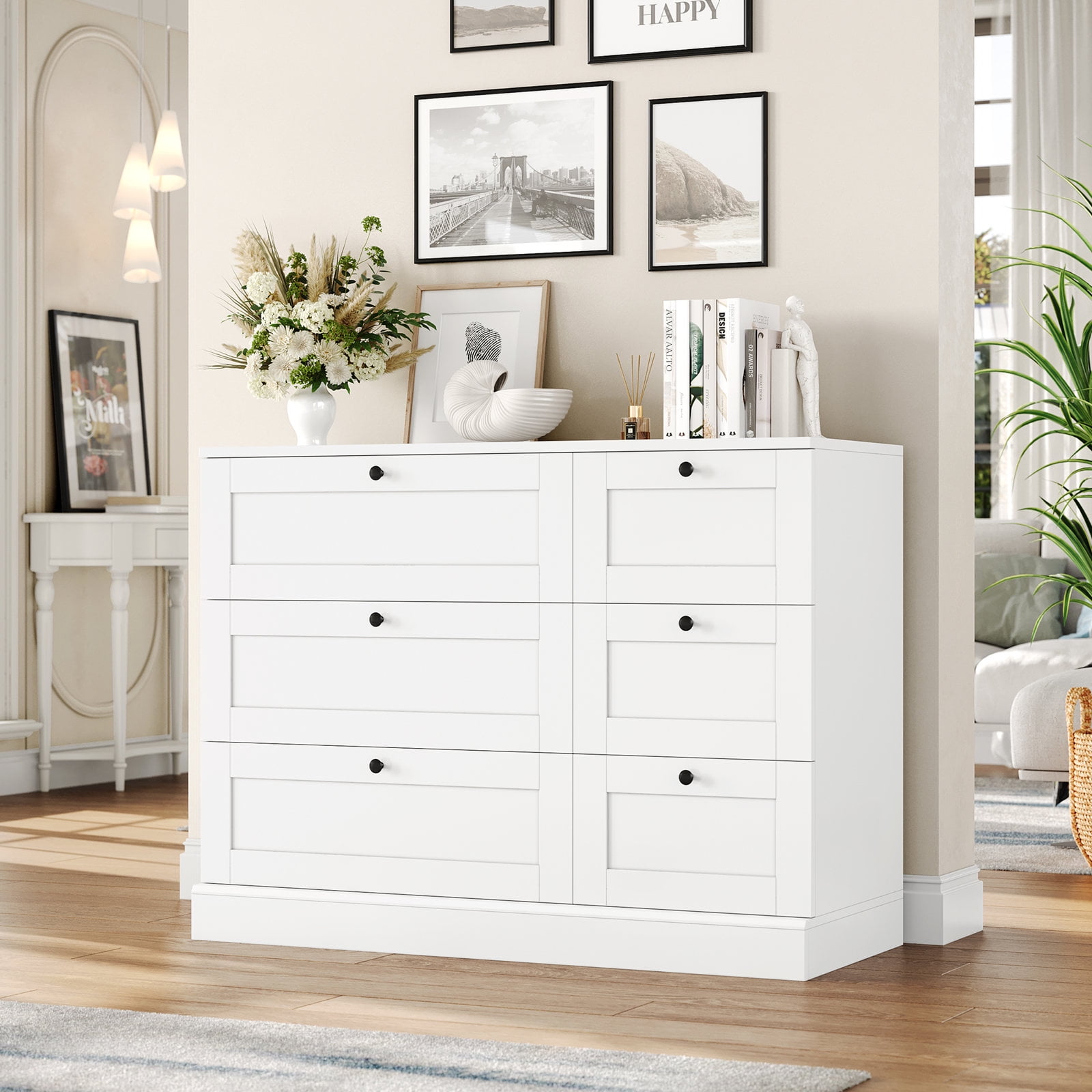 Homfa 6-Drawer Double Dresser, White Wood Storage Cabinet, Compact ...