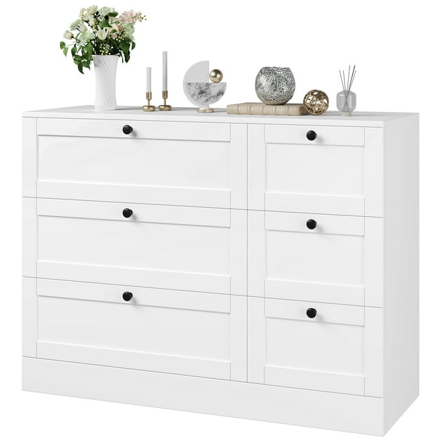 Homfa 6 Drawer White Double Dresser, Wood Storage Cabinet Chest of Drawers for Bedroom Living Room