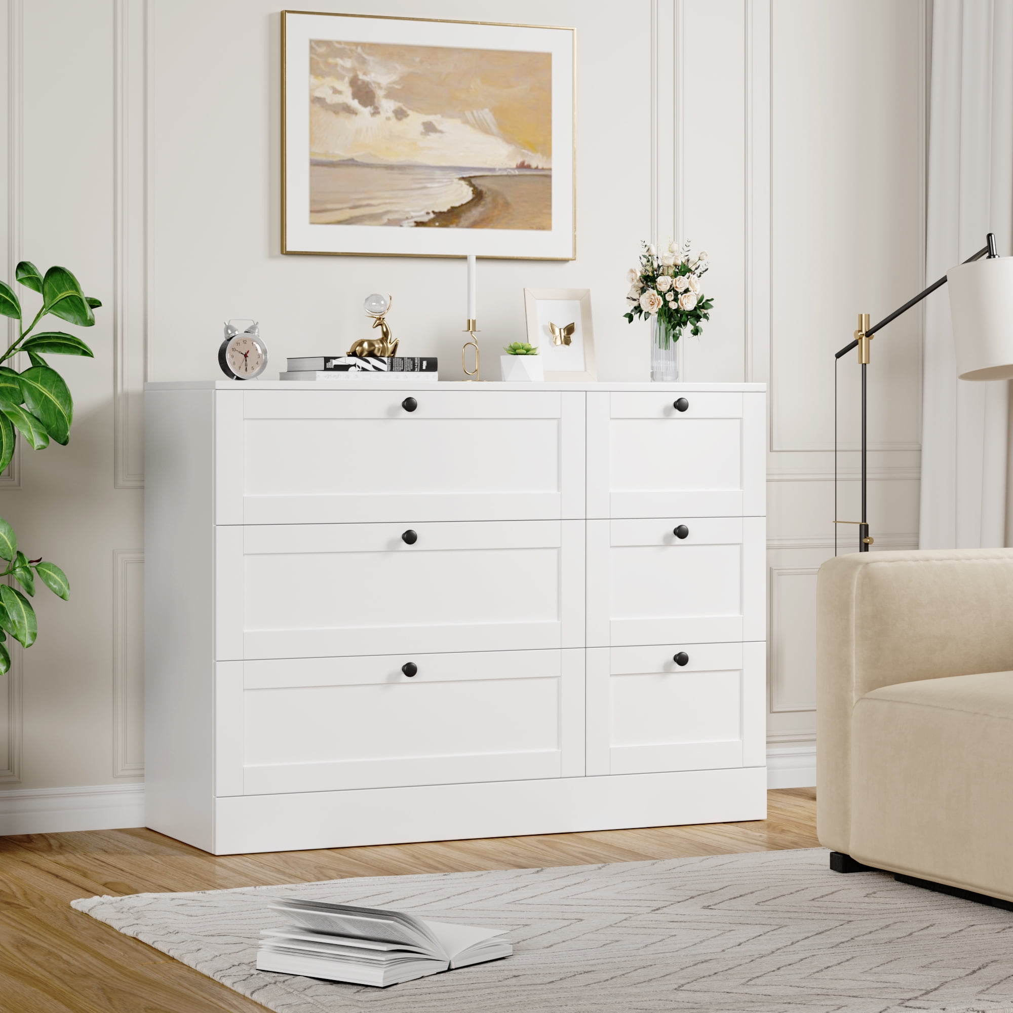 Homfa 6 Drawer White Double Dresser,Wood Storage Cabinet for Living ...