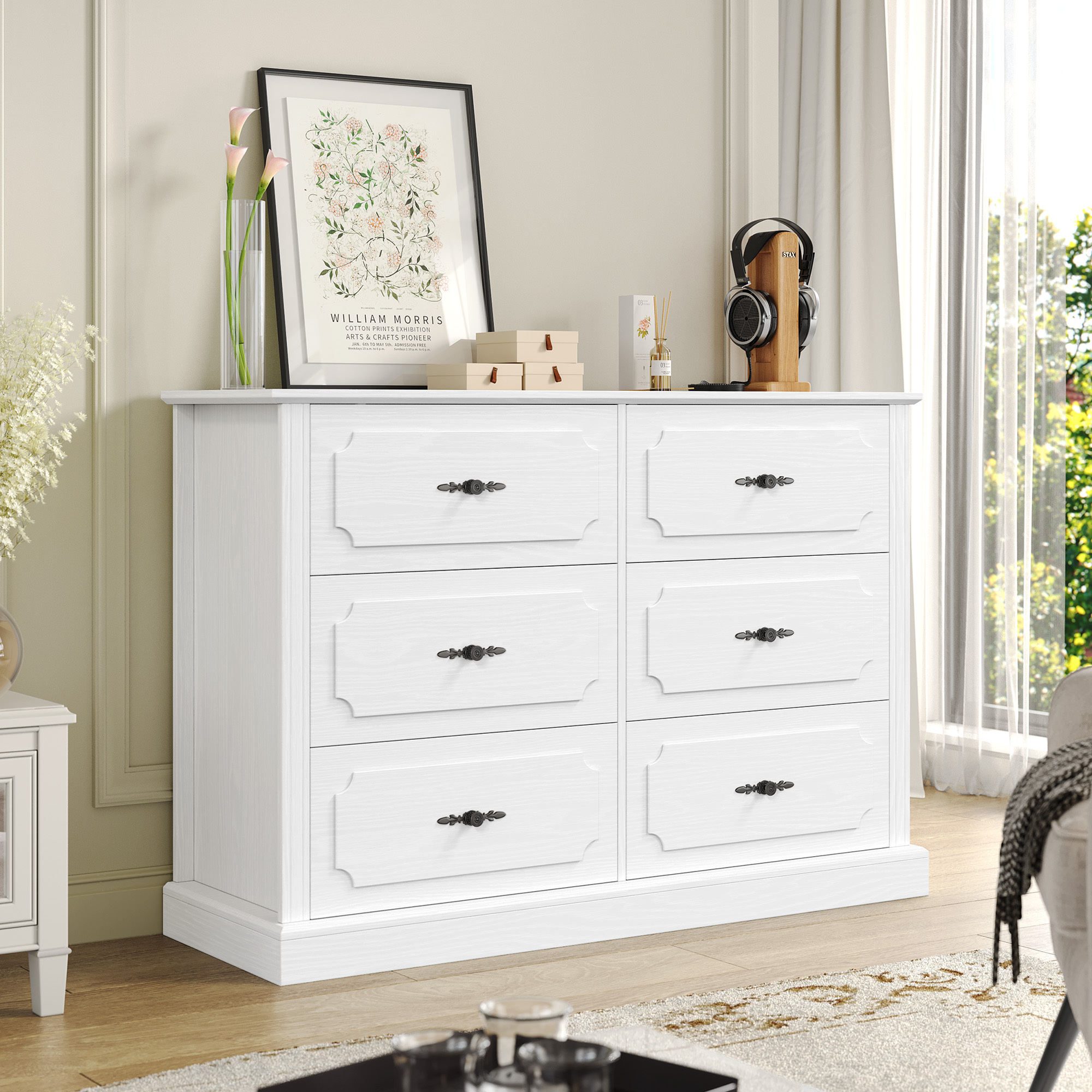 Homfa 6 Drawer White Double Dresser for Bedroom, Classic Wood Storage Cabinet for Living Room with Wide Top - image 1 of 7