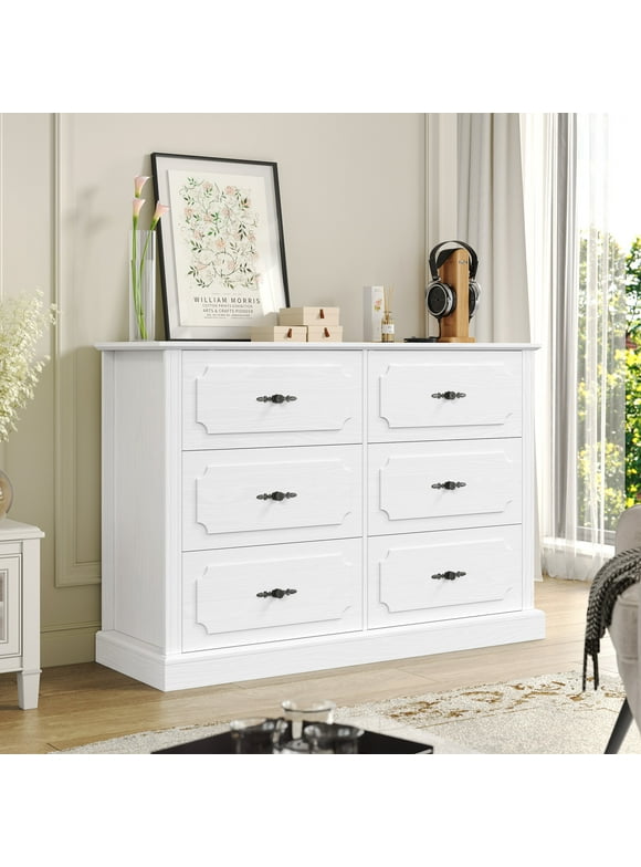 Homfa 6 Drawer White Double Dresser for Bedroom, Classic Wood Storage Cabinet for Living Room with Wide Top