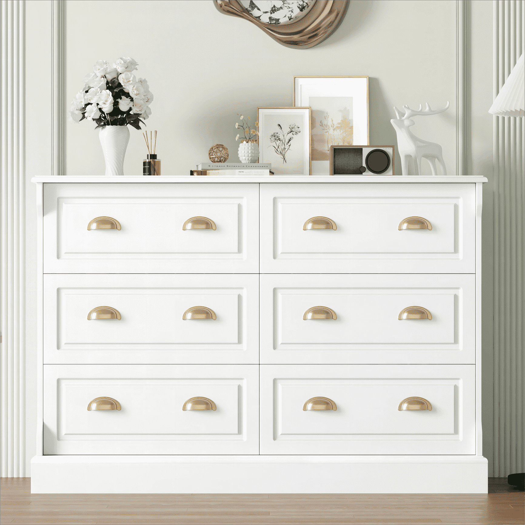 Homfa 6 Drawer White Double Dresser for Bedroom, Gold Handle Drawer Chest  Wood Storage Cabinet for Living Room, White