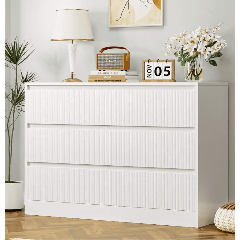 Homfa 6 Drawer White Double Dresser,Wood Storage Cabinet for Living Room,  Chest of Drawers for Bedroom