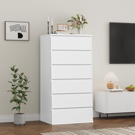 Homfa 6 Drawer White Dresser, Modern Storage Cabinet for Bedroom,Tall Chest of Drawers for Living Room