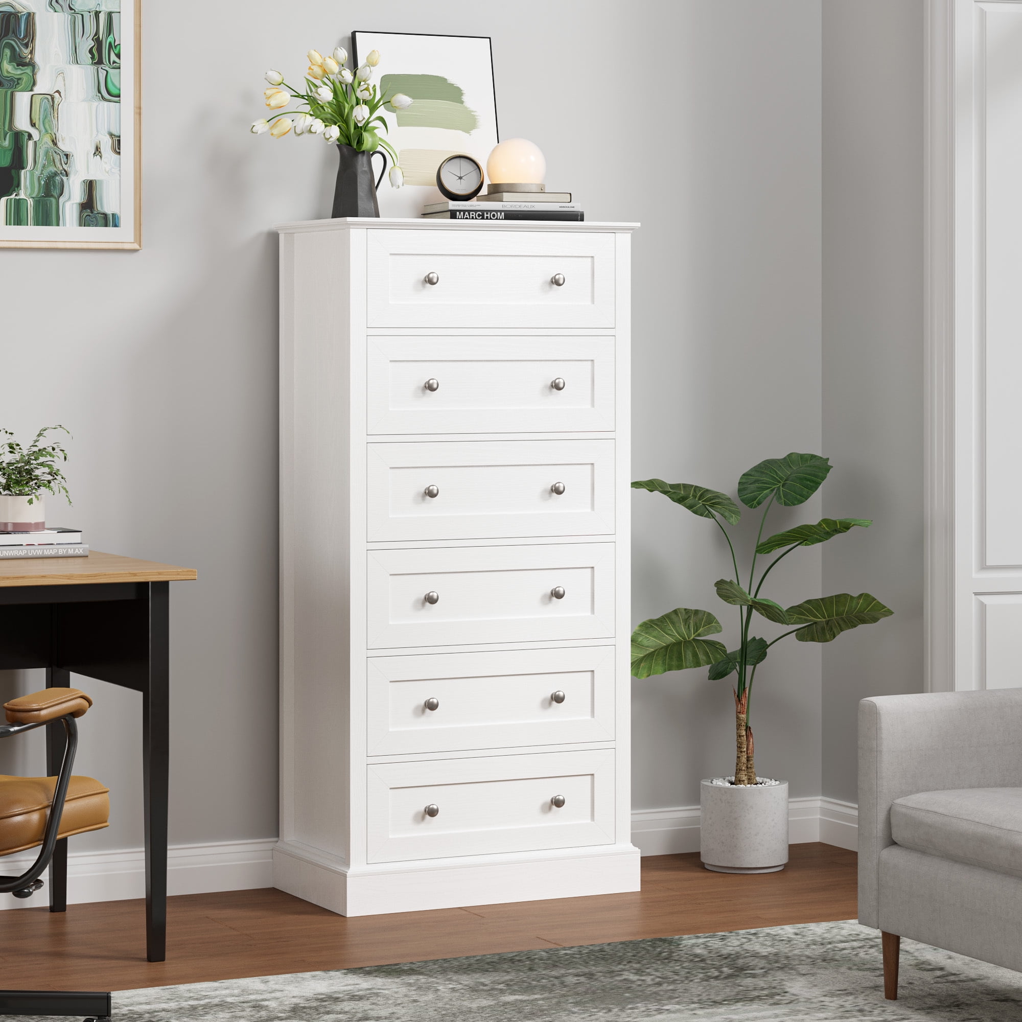 Homfa 6 Drawer White Double Dresser,Wood Storage Cabinet for Living Room,  Chest of Drawers for Bedroom