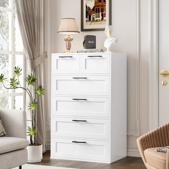 Homfa 6 Drawer White Dresser, Tall Dresser for Bedroom Wood Storage Cabinet with Metal Handles
