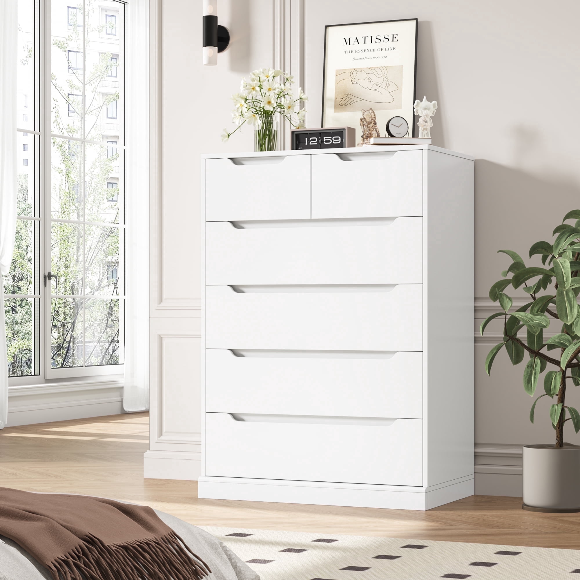 Homfa 6 Drawer White Dresser, 43.3" H Wood Storage Cabinet with Upgraded Stable Base Vertical Chest for Bedroom Living Room