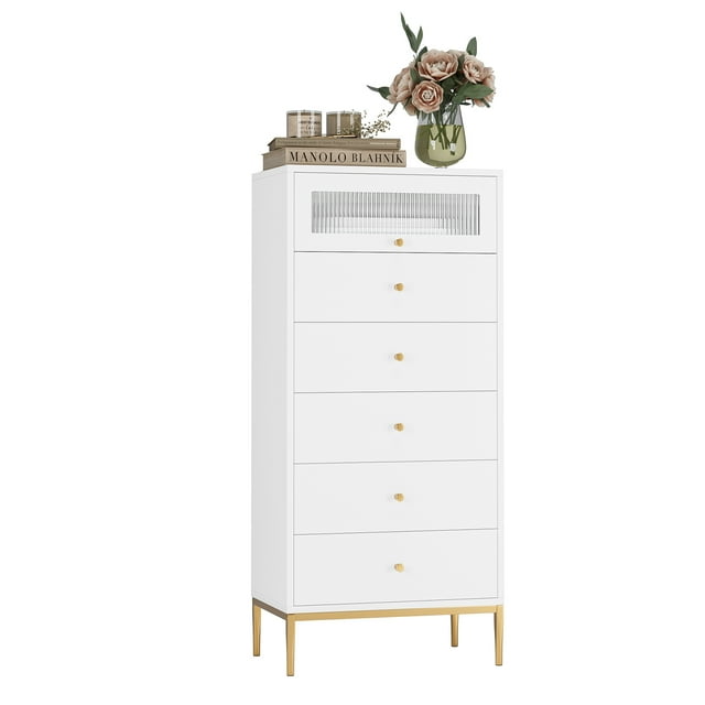 Homfa 6 Drawer White Gold Dresser, 55.1" Tall Chest of Drawers with