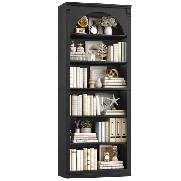 Homfa 6-Tier Bookcase with Arched Top and Pilasters, 72.8" H Accent Bookcase with Bark Grain Texture, Black