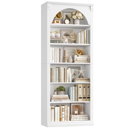 Homfa 6-Tier Bookcase with Arched Top and Pilasters, 72.8" H Accent Bookcase with Bark Grain Texture, White