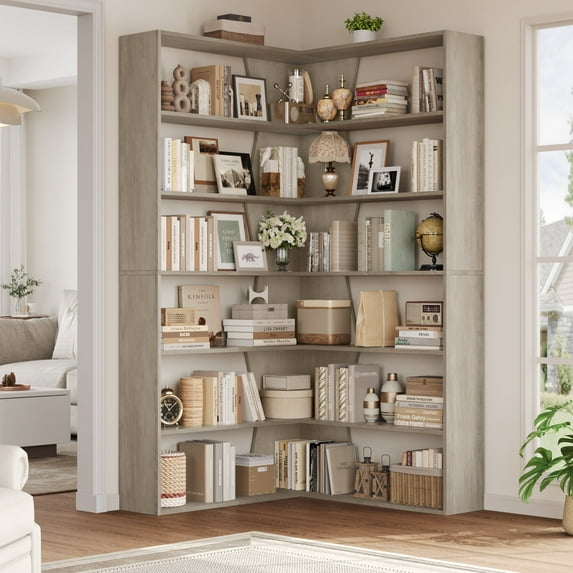 Homfa 6-Tier Corner Bookcase, L-Shaped Bookshelf with Baffle, Storage Display Rack for Office Living Room, Gray
