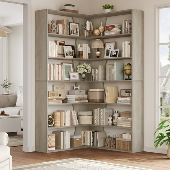 Homfa 6-Tier Corner Bookcase, L-Shaped Bookshelf with Baffle, Storage Display Rack for Office Living Room, Gray