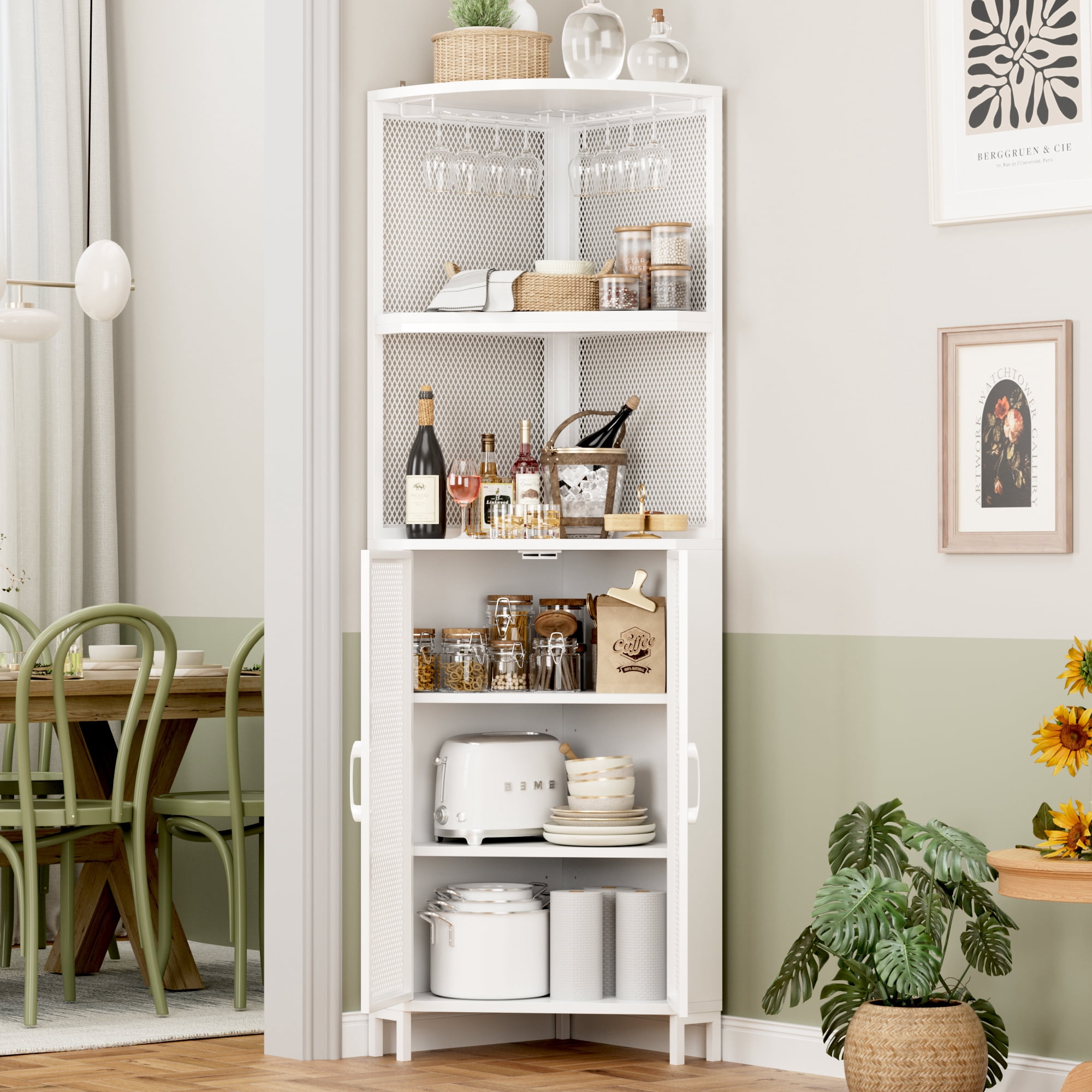 Homfa 5-Tier Corner Bar Cabinet with Glass Holder & Mesh Door, 67'' Corner Storage Cabinet with Adjustable Shelves for Bathroom, White