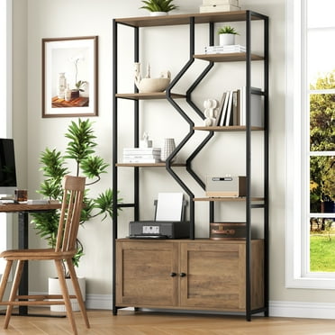 Homfa 6-Tier Industrial Bookshelf, Freestanding Tall Bookshelves with 5-Open Storage Shelf and 2 Cabinets for Home Office Living Room Bedroom, Brown