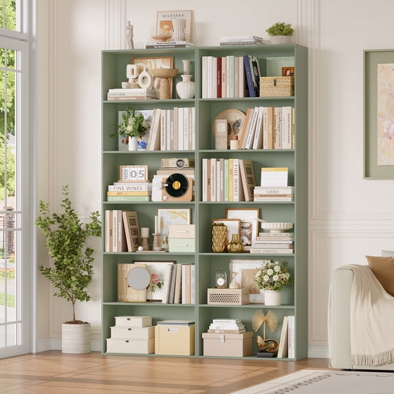 Homfa 6-Tier Tall Bookshelf Set of 2, 70.9-Inch Green Wooden Bookcases with Open Display Shelves