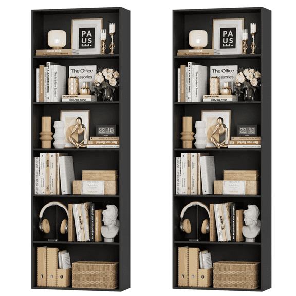 Homfa 6 Tier Tall Bookshelf and Bookcase, 2PC Wooden Bookcase Display Shelf for Living Room Home Office Library Storage, Black