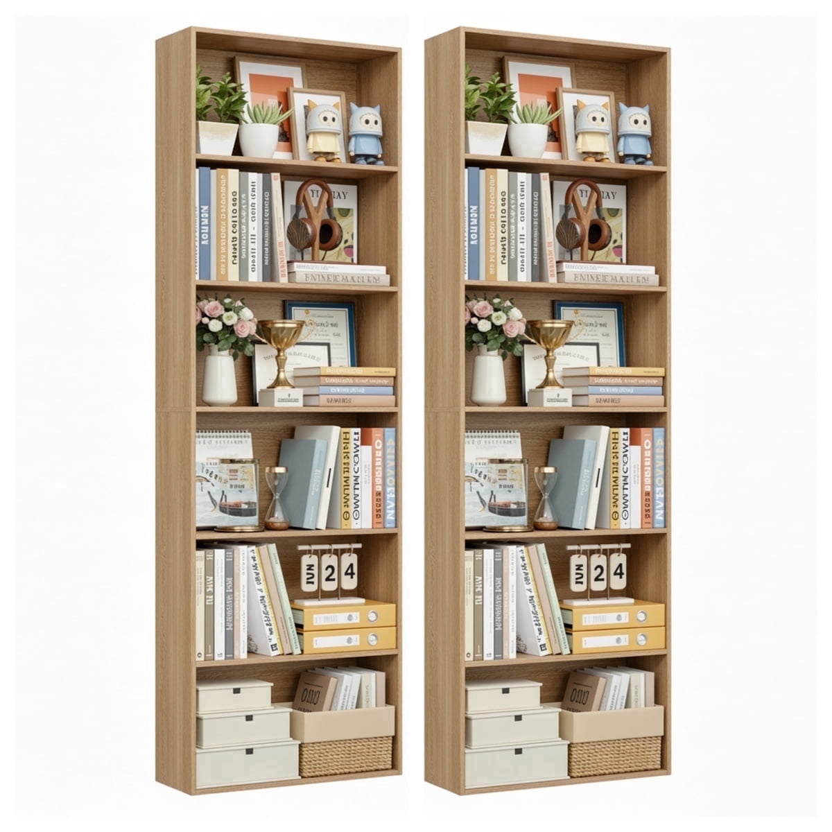 Homfa 6 Tier Tall Bookshelf and Bookcase, 2PC Wooden Bookcase Display Shelf for Living Room Home Office Library Storage, Nature