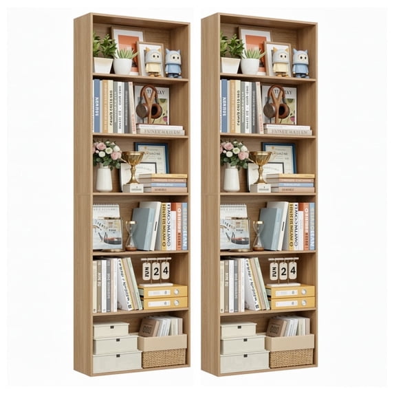Homfa 6 Tier Tall Bookshelf and Bookcase, 2PC Wooden Bookcase Display Shelf for Living Room Home Office Library Storage, Nature