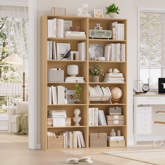 Homfa 6 Tier Tall Bookshelf and Bookcase, 2PC Wooden Bookcase Display Shelf for Living Room Home Office Library Storage, Nature