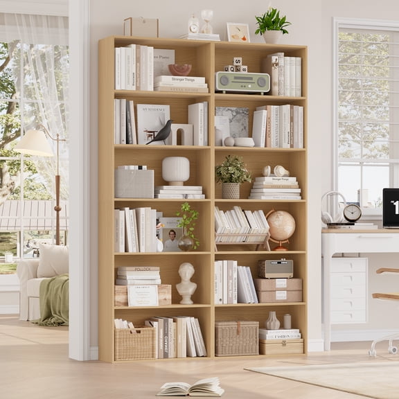 Homfa 6 Tier Tall Bookshelf and Bookcase, 2PC Wooden Bookcase Display Shelf for Living Room Home Office Library Storage, Nature