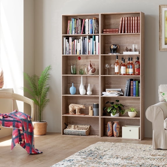 Homfa 6 Tier Tall Bookshelf and Bookcase, 2PC Wooden Bookcase Display Shelf for Living Room Home Office Library Storage, Oak