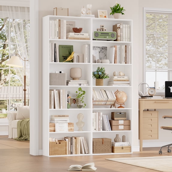 Homfa 6 Tier Tall Bookshelf and Bookcase, 2PC Wooden Bookcase Display Shelf for Living Room Home Office Library Storage, White