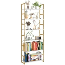 Homfa 6 Tier White Gold Bookshelf, Metal Framed Free-Standing Storage Shelf, Tall Bookcase Organizer for Living Room
