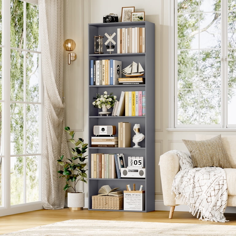 billboard book shelf 　ミッドグレー Homfa 6-Tier Free Standing Gray Bookshelf, Wood Office & Living