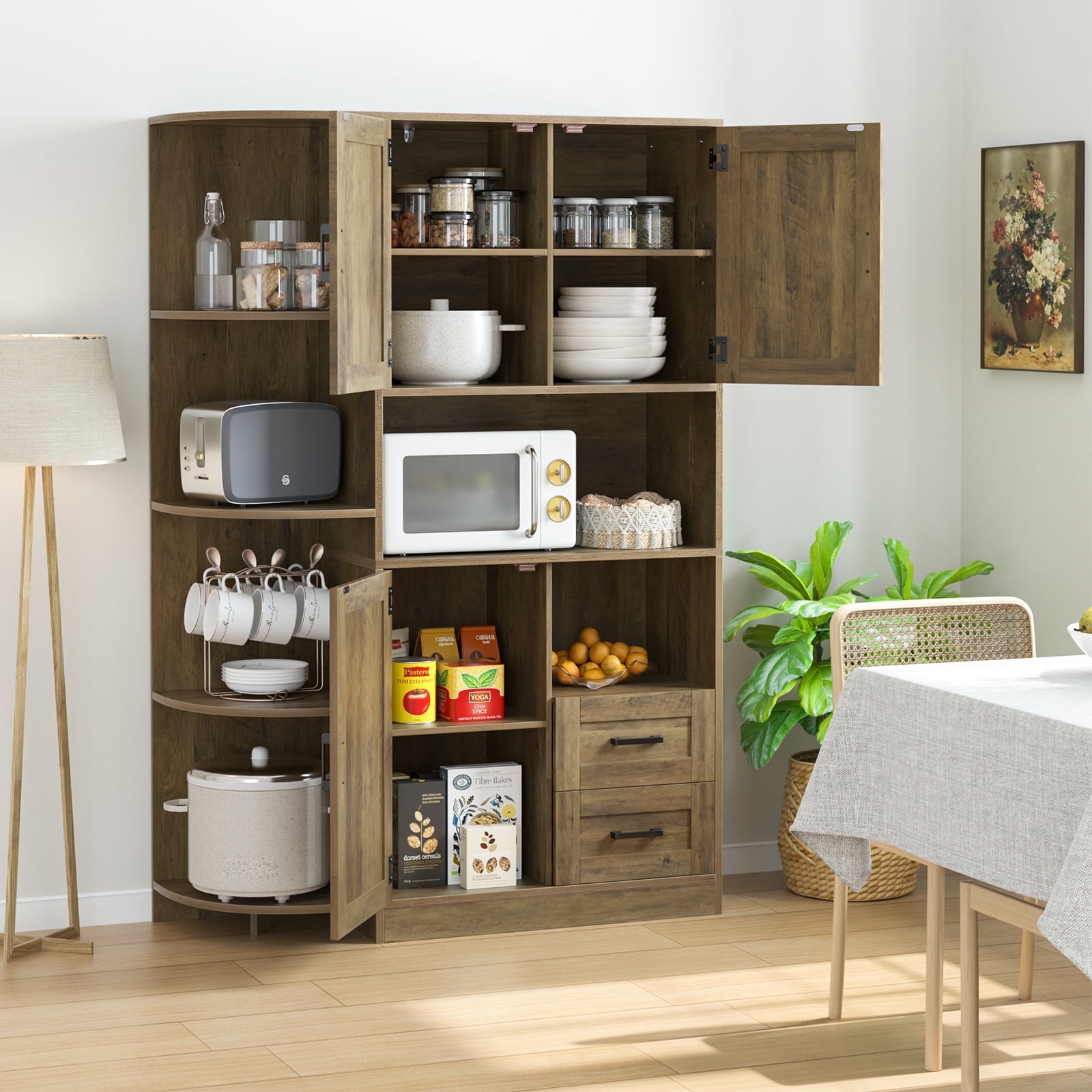 Homfa 60" Large Kitchen Pantry Buffet, Freestanding Storage Cabinet with Adjustable Shelves for Dining Room, Rustic Brown