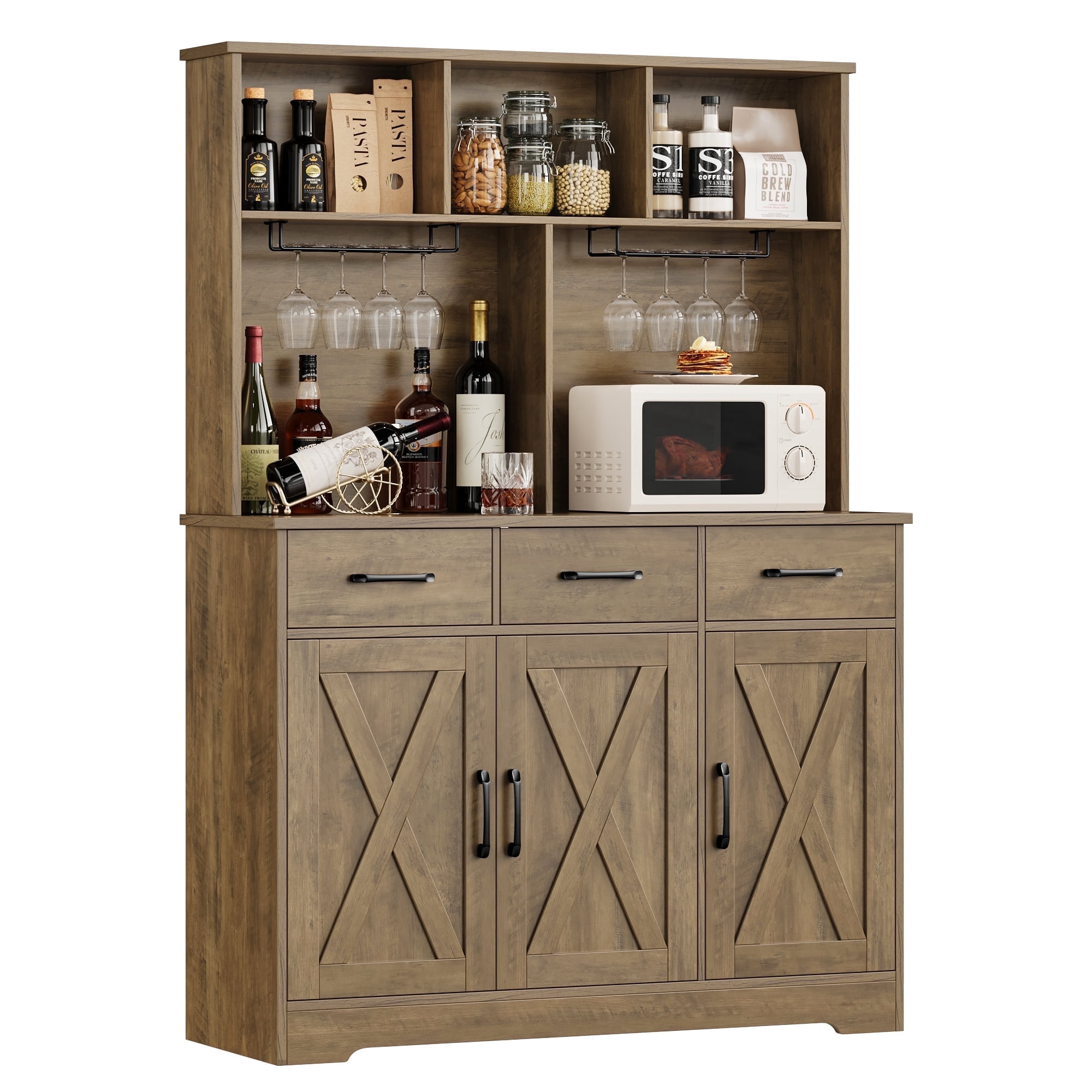 Homfa 60” Tall Kitchen Pantry with Hutch, 3 Drawers Coffee Bar with 3 Doors, Hutch Cabinet with Adjustable Shelf for Dining Room, Rustic Brown
