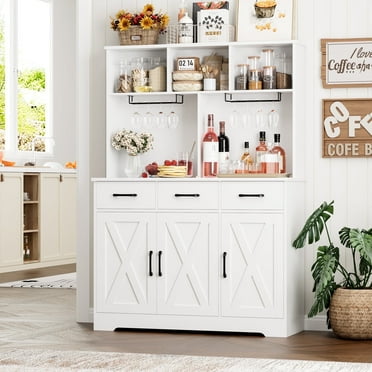 Homfa 60"Tall Kitchen Pantry with Hutch, 3 Drawers Coffee Bar with 3 Doors, Hutch Cabinet with Adjustable Shelf for Dining Room, White