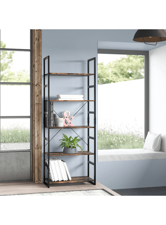 Homfa 62.2'' Bookshelves and Bookcase, 5 Tier Display Shelves with Metal Frame for Living Room Office, Vintage Brown