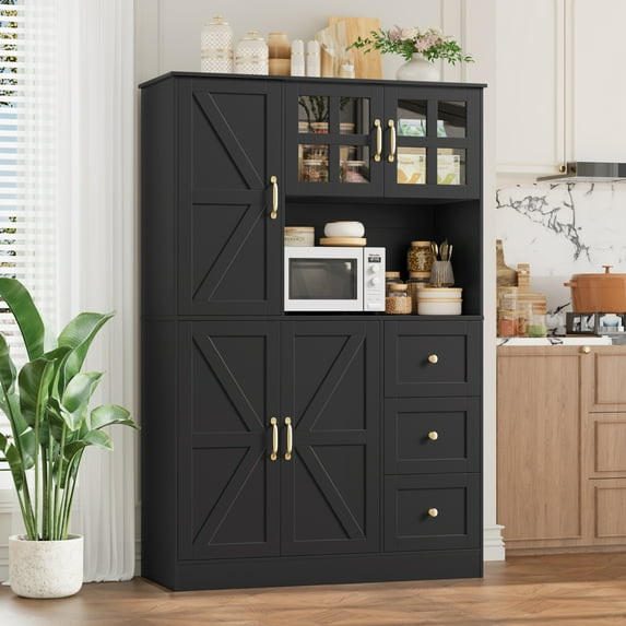 Homfa 62″ Farmhouse Pantry Cabinet with Microwave Shelf, Kitchen Hutch with Adjustable Shelves, 5-doors Freestanding Cupboard for Living Dining Room, Black