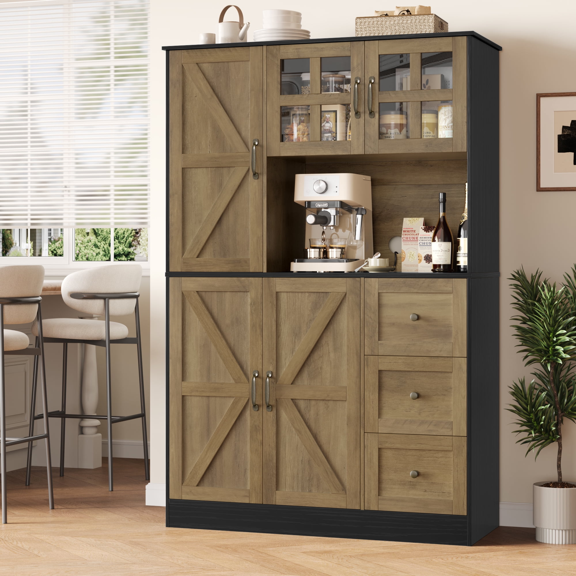Homfa 62″ Farmhouse Pantry Cabinet with Microwave Shelf, Kitchen Hutch with Adjustable Shelves, 5-doors Freestanding Cupboard for Living Dining Room, Oak