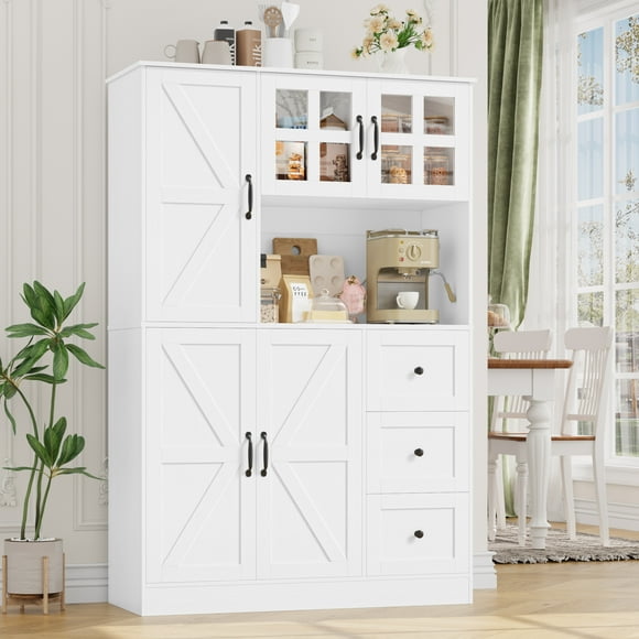 Homfa 62″ Farmhouse Pantry Cabinet with Microwave Shelf, Kitchen Hutch with Adjustable Shelves, 5-doors Freestanding Cupboard for Living Dining Room, White