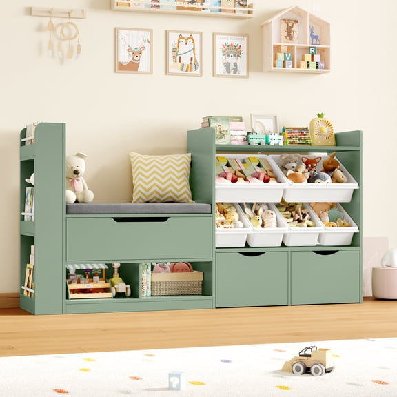 Homfa 63'' Kids Bookshelf with Reading Nook, Large Toy Storage Organizer with 3 Drawers & 6 Storage Bins, Kids Toy Storage Box with Bench for Playroom, Kid Room, Green