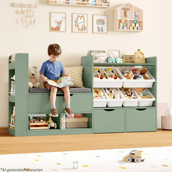 Homfa 63'' Kids Bookshelf with Reading Nook, Large Toy Storage Organizer with 3 Drawers & 6 Storage Bins, Kids Toy Storage Box with Bench for Playroom, Kid Room, Green