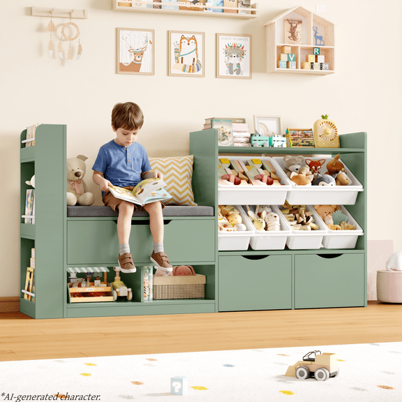 Homfa 63'' Kids Bookshelf with Reading Nook, Large Toy Storage Organizer with 3 Drawers & 6 Storage Bins, Kids Toy Storage Box with Bench for Playroom, Kid Room, Green